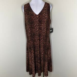 Anne Klein Shift Dress 14 Leopard Animal Print Jersey Knit V-Neck Brown NEW Mini